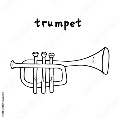 Trumpet sketch illustration. Hand drawn black and white wind instrument clip art drawing