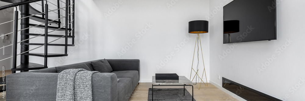 Minimalist living room with stairs, panorama - obrazy, fototapety, plakaty 