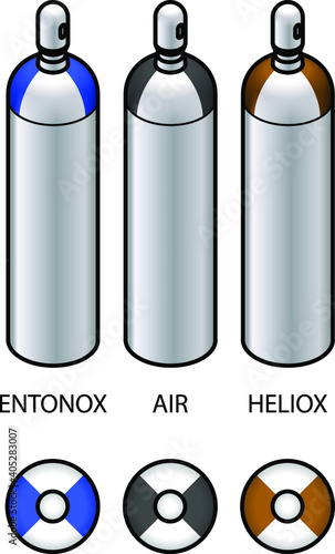 Cylinders of medical gas mixtures in industry standard colours. White body variation.