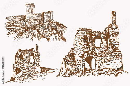 Graphical vintage set of fortress of Crimea, ruins