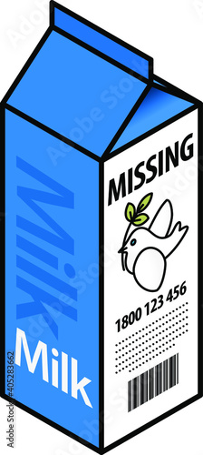 Concept: missing peace. Milk carton with a "missing"  notice.