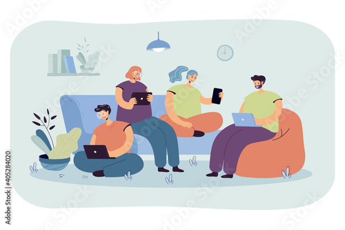 Group of friends with digital devices meeting at home, sitting together. People using laptops, tablet, mobile phone for internet and social media browsing, For communication, public access concept