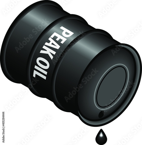 An almost-empty metal oil drum labelled "peak oil" with the last drop of oil dripping out.