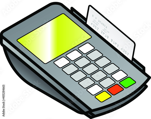 A small hand-held point of sale pin pad / terminal with a card in the swipe slot.