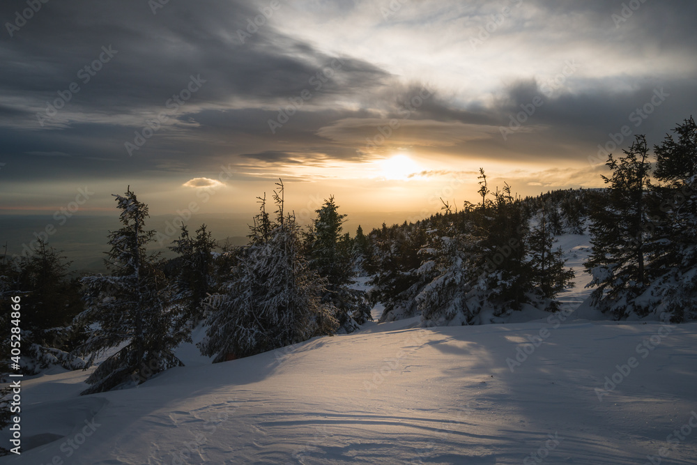 Beautiful 2021 winter landscape view in the Carpathian Mountains, Romania