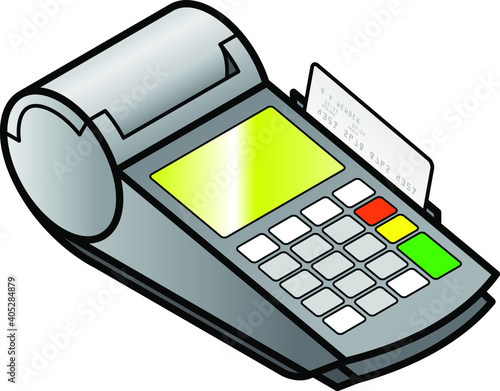 A mobile hand-held point of sale pin pad / terminal with a card in the swipe slot.