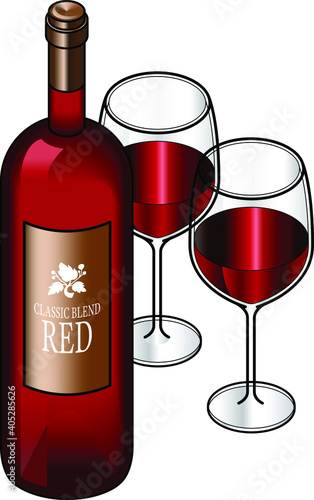 A bottle and two glasses of red wine.
