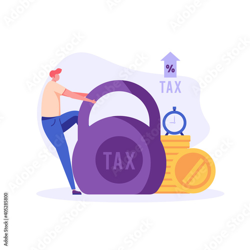 Sad businessman pulls heavy taxes with weight. Huge weight of tax. Concept of heavy tax, debt, duty, defaulter. Vector illustration in flat design for UI, web banner, mobile app