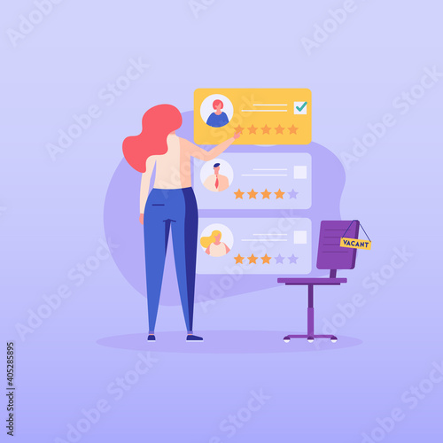 HR manager choosing cv portfolio of new employees. Headhunting agency. Concept of recruitment service, employees hiring, search for job candidates. Vector illustration for web and mobile app