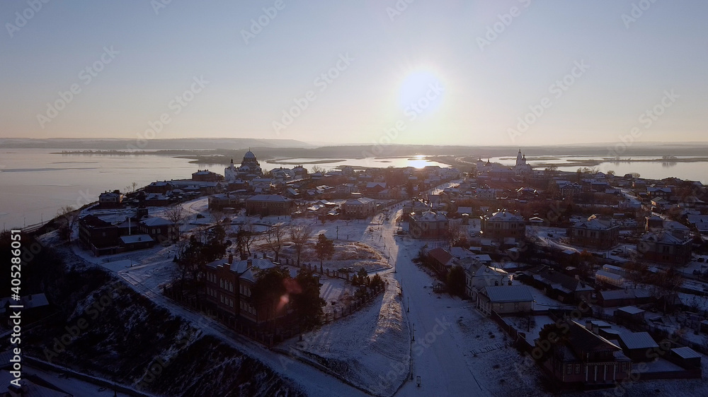 Island Grad Sviyazhsk, Kazan. Aerial panoramic view of old russian city. View from the Drone, Flying over Point of interest	
