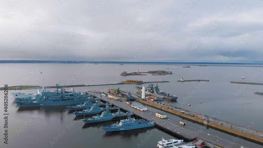 Kronstadt, St. Petersburg, Russia. Aerial panoramic view of russian city. View from the Drone, Flying over Point of interest	
