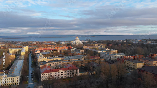 Kronstadt, St. Petersburg, Russia. Aerial panoramic view of russian city. View from the Drone, Flying over Point of interest 