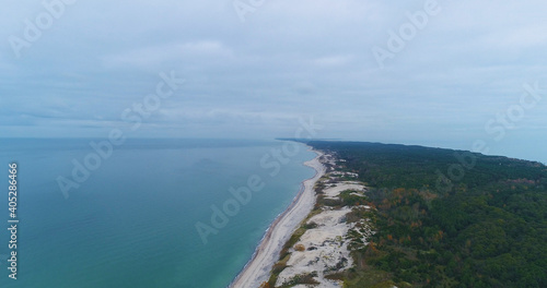 Curonian Spit, a saber-shaped sandy land strip separating the Curonian Lagoon from the Baltic Sea., Kaliningrad, Russia. Aerial panoramic view. Skyscrapers from the Drone, autumn 