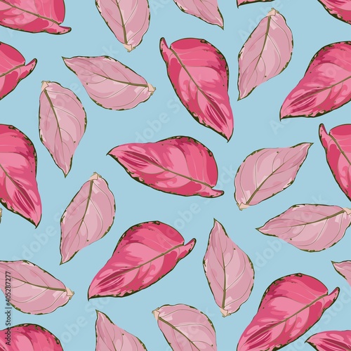 Tropical vintage red Aglaonema modestum Schott palm leaves floral seamless pattern on blue background. Exotic jungle wallpaper.