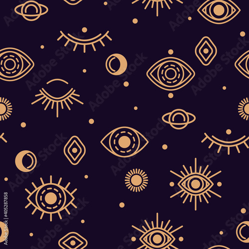 Seamless Pattern with Close and Open Eye, Moon and Sun. Vector illustration. Gold Alchemy Symbols, Occult and Mystic Signs on Black Night Background with Stars.