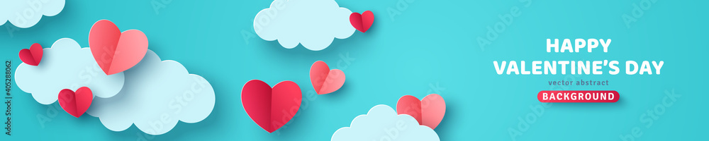 Horizontal banner with blue sky and paper cut clouds. Place for text. Happy Valentine's day sale header or voucher template with hearts. Horizontal banner with blue sky and paper cut clouds. Place for text. Happy Valentine's day sale header or voucher template with hearts.
