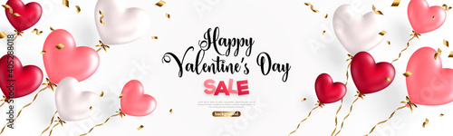 Valentine day background with festive realistic heart shape balloons with golden spiral ribbons. Vector illustration. Celebration banner design with rose pink, white and red baloon, flying confetti