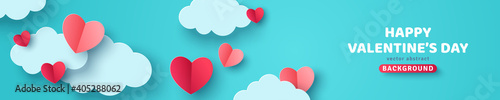 Horizontal banner with blue sky and paper cut clouds. Place for text. Happy Valentine's day sale header or voucher template with hearts.