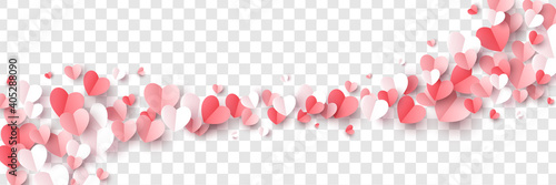 Red, pink and white flying hearts isolated on transparent background. Vector illustration. Paper cut decorations for Valentine's day border or frame design,