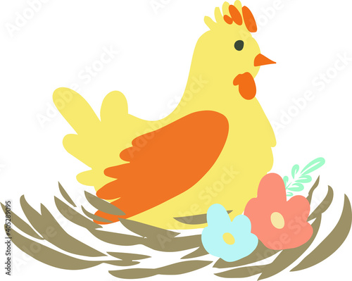 Happy Easter vector illustrations . chicken with eggs icons decorated with flowers on a white background . Chicken in the nest on a white background
