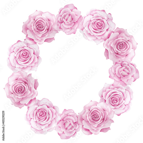 Watercolor pink garden flowers wreath. Blush rose greeting card template. Design artwork. Pink roses circle frame. © annakonchits