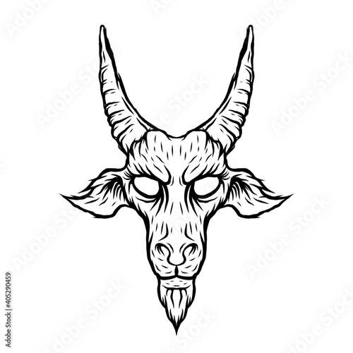 Evil goat head illustration. Baphomet. Illustration for tattoo, print, emblem.