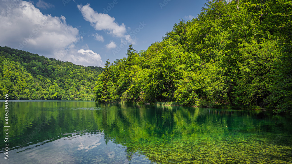 Beautiful turquoise end emerald water with trees reflected in a lake. Green lush forest, Plitvice Lakes National Park UNESCO World Heritage in Croatia