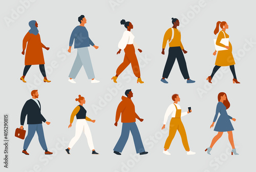 Crowd of young and elderly men and women in trendy hipster clothes. The diverse group of stylish people going together. Society, social diversity. Flat cartoon vector illustration.