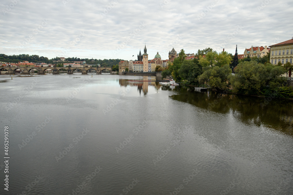 Prague, Czech Republic - September 15, 2015: Vltava river in Prague. Vltava is the longest river within the Czech Republic. Charles bridge.