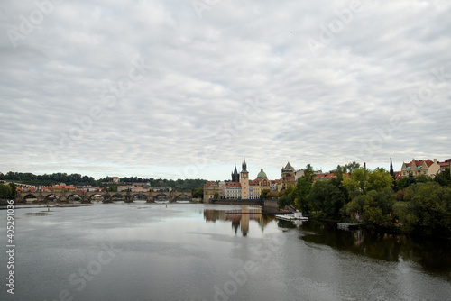 Prague, Czech Republic - September 15, 2015: Vltava river in Prague. Vltava is the longest river within the Czech Republic. Charles bridge.