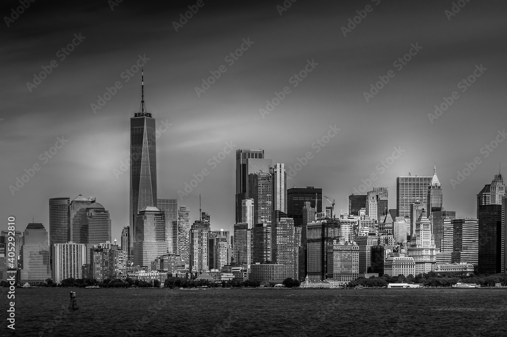 Lower Manhattan skyline. View from New Jersey. New York City cityscape. in black and white.