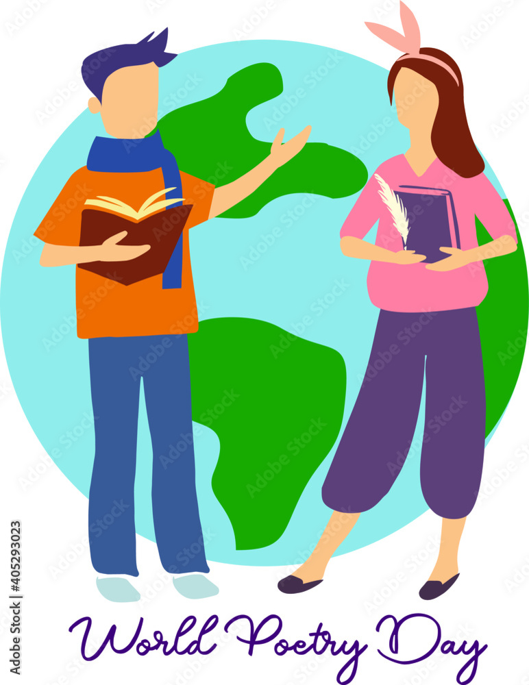 World Poetry Day . A man with a book. Poetry . Illustration of a girl with a book. a man with a book . A guy and a girl read poetry . Planet Earth. Illustration vector World Poetry Day . A man with a book. Poetry . Illustration of a girl with a book. a man with a book . A guy and a girl read poetry . Planet Earth. Illustration vector