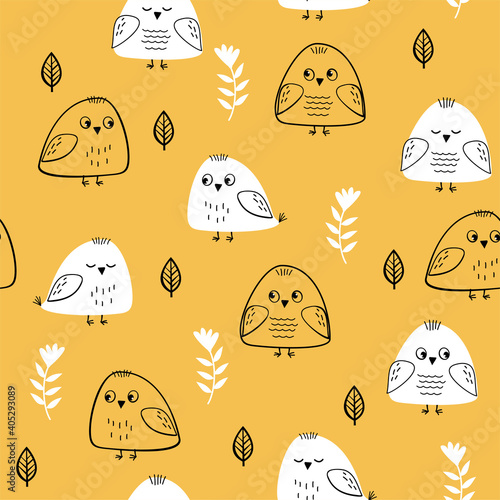 Cute seamless pattern with funny chicks or little birds