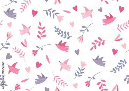 Seamless romantic spring vibe pattern with birds, hearts and leaves