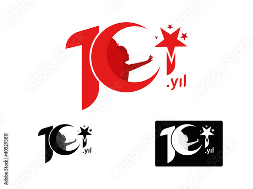 101th year logo. Turkish flag Vector Illustration. 101th Anniversary. 101th anniversary logo with Turkish flags. White background. photo