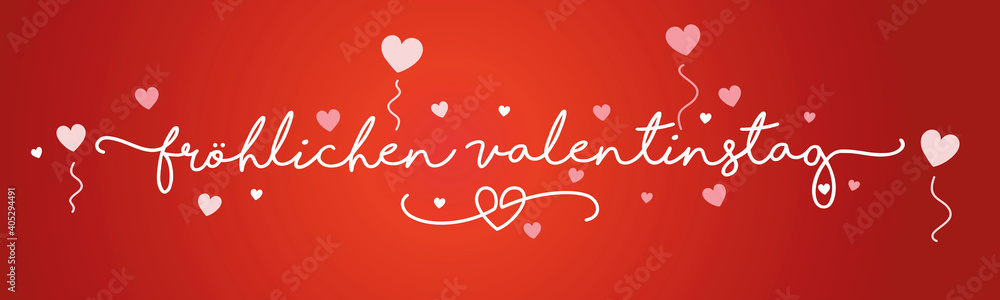 Happy Valentines Day German language handwritten typography lettering with white red pink hearts banner