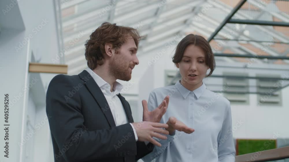 Medium shot of young Caucasian businesswoman and her handsome male coworker both wearing office wear going along business center hall and communicating Medium shot of young Caucasian businesswoman and her handsome male coworker both wearing office wear going along business center hall and communicating