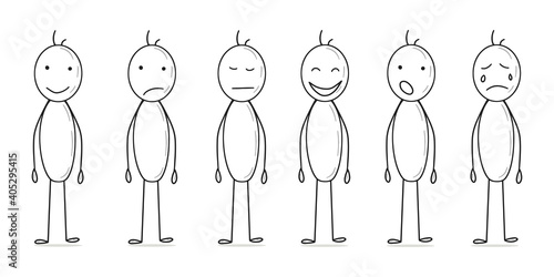Set of stick man figures with different emotions, happy, sad, dissatisfied, anxious, exhausted. Stickman vector illustration isolated on white background. Business icons for projects and products.