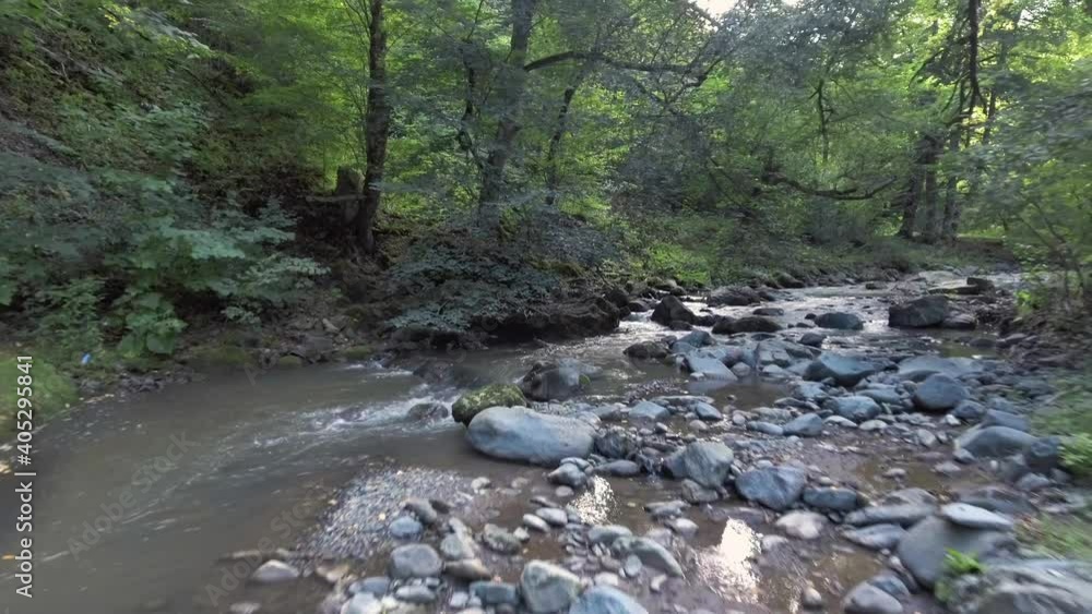 The drone flies over amountains river in forest. Aerial video. Fly Over fresh river with beautiful plants and trees. Cinematic footage. The drone flies over amountains river in forest. Aerial video. Fly Over fresh river with beautiful plants and trees. Cinematic footage.