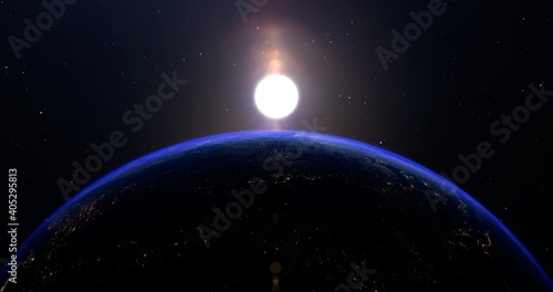 Fototapeta Naklejka Na Ścianę i Meble -  Earth from space, 3D space, sunrise, stars, the solar system, the dawn from space, the atmosphere of the earth