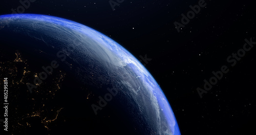 Earth from space, 3D space, stars, the solar system, the dawn from space, the atmosphere of the earth