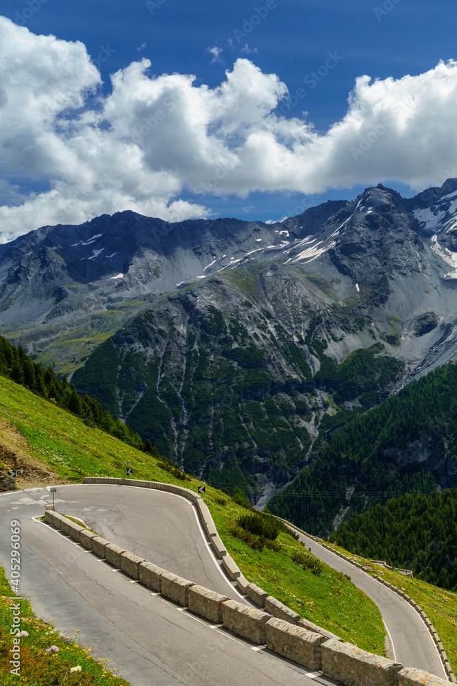 Fototapeta premium Mountain landscape along the road to Stelvio pass at summer