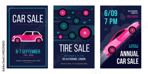 Car sale invitation flyers set. Fast car in motion, tires vector illustrations with text, time and date. Car shop and auto dealer concept for announcement posters and leaflets design