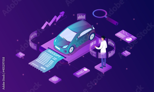 Male manager is analysing car market. Man checks infographics and prices to make financial analysis more precise. Isometric cartoon vector illustration