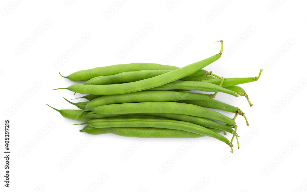 Fresh green beans on white background, top view Fresh green beans on white background, top view