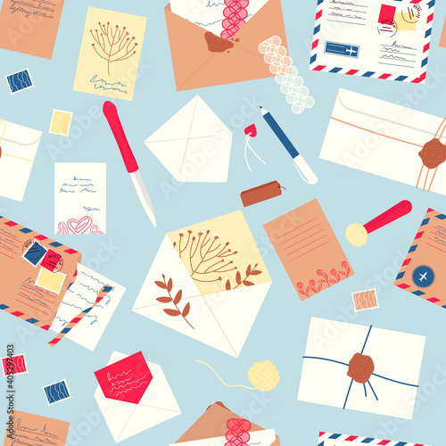 Seamless pattern envelopes, letters, postcards, postage stamps. Letters with love letters, dried plants, sealed with a wax seal, came from far away. Flat vector illustration.