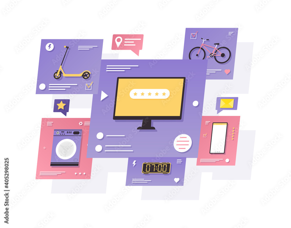 Online web store with vehicle and technology devices. Concept of modern shop interface with bikes, smartphone, monitor. Flat cartoon vector illustration Online web store with vehicle and technology devices. Concept of modern shop interface with bikes, smartphone, monitor. Flat cartoon vector illustration