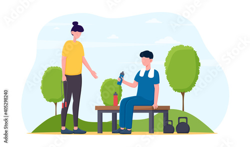 Male and female characters having a rest after training together. Sportsmen hydrating after training outdoors. Concept of athletic people, sport healthy lifestyle. Flat cartoon vector illustration