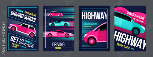Driving school posters set. Fast cars in motions vector illustrations with text and frames. Automobile and transport concept for flyers and brochures design
