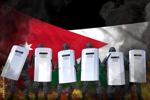 Wallpaper Mural Jordan protest fighting concept, police guards in heavy smoke and fire protecting peaceful people against revolt - military 3D Illustration on flag background Torontodigital.ca